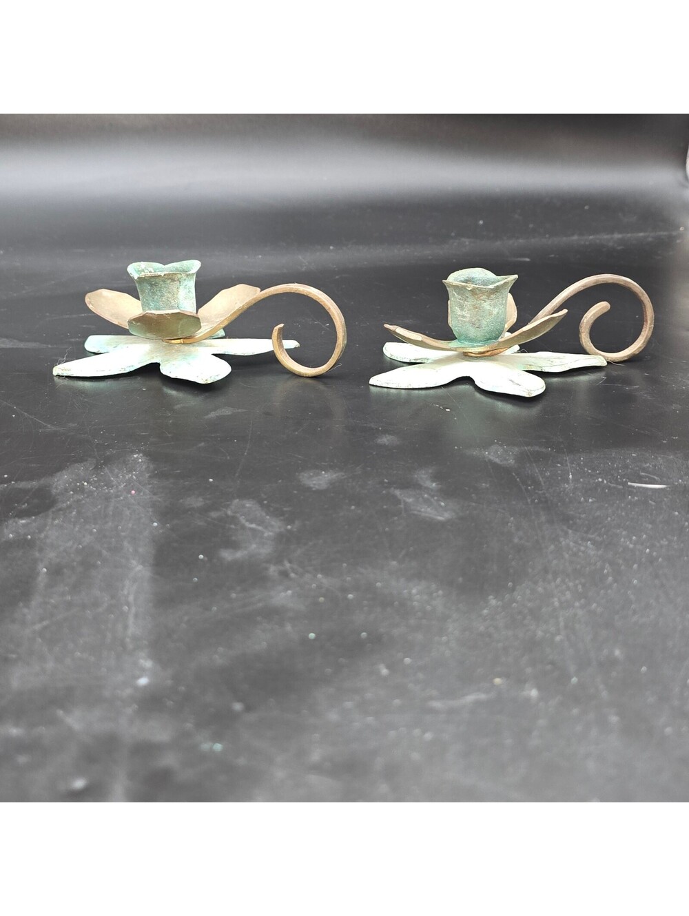 Vintage Verdigris Brass Flower Chamberstick Candle Holders Pair Made in India